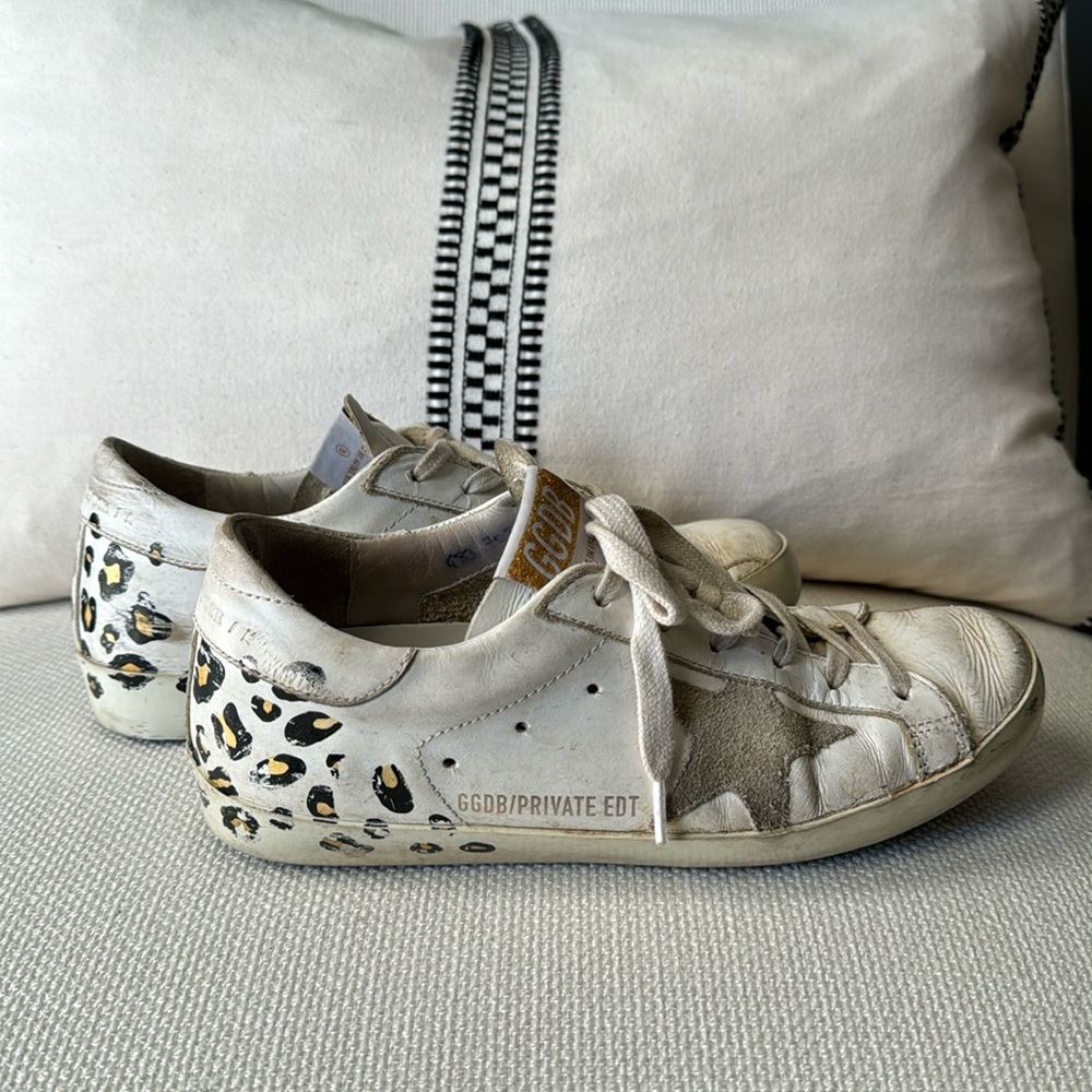 Golden Goose Hand Painted Superstar Leopard Leather Sneakers - worn